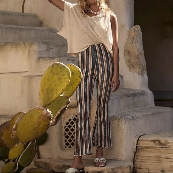 Free People Pants - Free People Fine Line Slim High Waist Flare Striped Textured Pant Small Boho